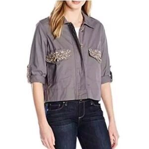 DEMOCRACY Twill Embroidered Pocket Military Crop Jacket Roll-Tab Sleeves Size XL